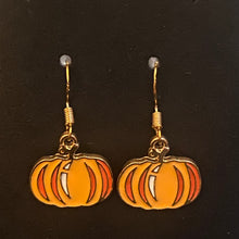 Load image into Gallery viewer, Pumpkin Patch fall-themed goldtone and enamel pumpkin earrings in a variety of styles