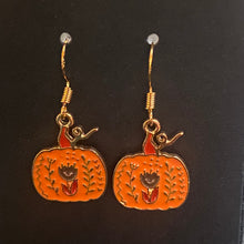 Load image into Gallery viewer, Pumpkin Patch fall-themed goldtone and enamel pumpkin earrings in a variety of styles