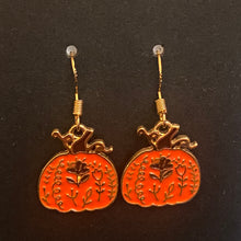 Load image into Gallery viewer, Pumpkin Patch fall-themed goldtone and enamel pumpkin earrings in a variety of styles