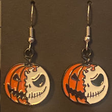 Load image into Gallery viewer, Holiday Nightmare Halloween & Christmas Jack Skellington Pumpkin King and Sally goldtone or black enamel earrings in a variety of styles