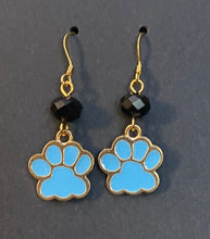 Load image into Gallery viewer, Helena Huskies paw print earrings: goldtone & light blue enamel paw print with black bead