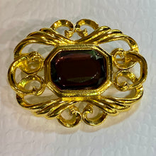 Load image into Gallery viewer, Vintage Avon Fashion Accents Victorian Art Nouveau Renaissance ornate gold filigree brooch w purple stone