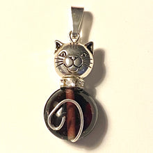 Load image into Gallery viewer, Amethyst Cat: silvertone and dark purple glass round cat pendant