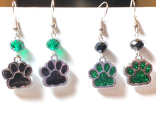 Load image into Gallery viewer, Pelham Panthers sports fan green and black paw print earrings