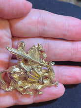 Load image into Gallery viewer, St. George and the Dragon medieval knight goldtone brooch