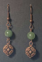 Load image into Gallery viewer, Green aventurine and antique copper disc drop earrings