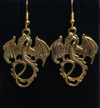 Load image into Gallery viewer, Flying dragon earrings in gold, bronze, or silver: UAB Blazers, Game of Thrones fantasy creatures, sports fan jewelry