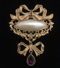 Load image into Gallery viewer, Avon vintage 1990s Victorian Art Nouveau Renaissance ornate gold filigree bow brooch w faux pearl and purple crystal teardrop