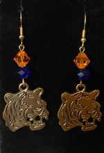 Load image into Gallery viewer, Auburn Tigers earrings in goldtone w/ optional crystal beads; Auburn University, LSU or Clemson sports fan