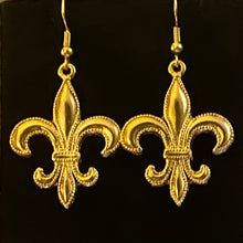Load image into Gallery viewer, Fleur-de-lis large beaded edge earring in goldtone or silvertone w/ optional 8mm crystal or gemstone bead French symbol New Orleans Saints sports fan