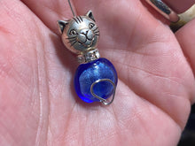 Load image into Gallery viewer, Ocean Cat II silvertone and blue glass cat pendant