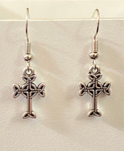 Load image into Gallery viewer, Celtic cross dainty silvertone or goldtone earrings with optional gemstone bead