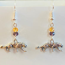 Load image into Gallery viewer, LSU Tigers sports fan small silvertone tiger earring with purple and gold crystal beads