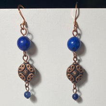 Load image into Gallery viewer, Lapis jasper and antique copper disc triple-link dangle earrings