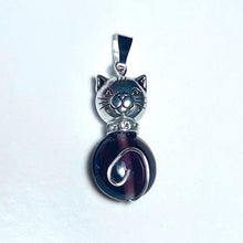 Load image into Gallery viewer, Amethyst Cat: silvertone and dark purple glass round cat pendant