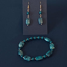 Load image into Gallery viewer, African turquoise and dark green mountain jade goldtone bracelet & earrings set