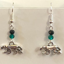 Load image into Gallery viewer, Panther Pride - Pelham Panthers sports fan small silvertone panther earrings with green and black crystal beads