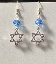 Load image into Gallery viewer, Light blue crystal and silvertone Star of David earrings Jewish faith jewelry