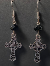 Load image into Gallery viewer, Celtic cross silvertone floral earrings with black bead Christian faith jewelry