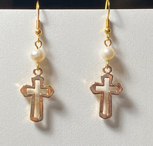 Load image into Gallery viewer, Freshwater pearl and goldtone open cross earrings Christian faith jewelry