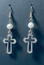 Load image into Gallery viewer, Freshwater pearl and silvertone open cross earrings Christian faith jewelry