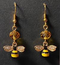 Load image into Gallery viewer, All Abuzz: enameled goldtone honeybee earrings with citrine crystal bead beekeeper apiculture bee lover gift
