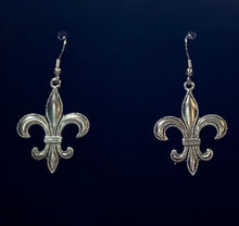 Load image into Gallery viewer, Fleur-de-lis large beaded edge earring in goldtone or silvertone w/ optional 8mm crystal or gemstone bead French symbol New Orleans Saints sports fan