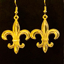 Load image into Gallery viewer, Fleur-de-lis large beaded edge earring in goldtone or silvertone w/ optional 8mm crystal or gemstone bead French symbol New Orleans Saints sports fan