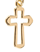 Load image into Gallery viewer, Freshwater pearl and goldtone open cross earrings Christian faith jewelry