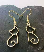 Load image into Gallery viewer, Cat Cutout - cute silvertone or goldtone cat silhouette earrings - cat mom cat lover gift