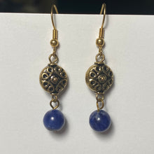Load image into Gallery viewer, Sodalite and antiqued gold disc drop earrings