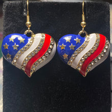 Load image into Gallery viewer, American Heart patriotic rhinestone and enamel flag earrings stars and stripes 4th of July holiday jewelry