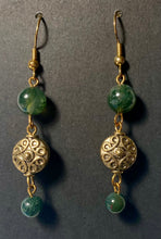 Load image into Gallery viewer, Moss agate and antiqued gold disc triple-link dangle earrings