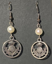 Load image into Gallery viewer, Scottish Thistle round silvertone Celtic earrings Sassenach Outlander fan gift jewelry (w/ optional crystal or pearl bead)