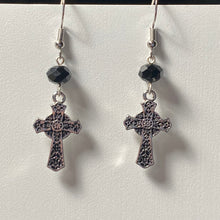 Load image into Gallery viewer, Celtic cross silvertone floral earrings with black bead Christian faith jewelry