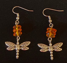 Load image into Gallery viewer, Dragonfly In Amber II goldtone or silvertone dragonfly earrings with genuine Baltic Amber Outlander fan gift jewelry