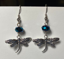 Load image into Gallery viewer, Dragonfly earrings in silvertone or goldtone with gemstone or crystal bead
