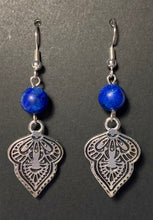 Load image into Gallery viewer, Silvertone Middle Eastern Mendhi earrings with 8mm lapis jasper bead