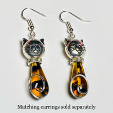 Load image into Gallery viewer, Cat Pendant: silvertone and Czech glass teardrop cat pendant with leather cord or silvertone chain