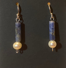 Load image into Gallery viewer, Roman style sodalite gemstone and freshwater pearl sterling silver earrings
