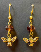 Load image into Gallery viewer, Bee My Honey: goldtone and amber crystal honeybee bee earrings beekeeper apiculture gift
