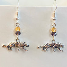 Load image into Gallery viewer, LSU Tigers sports fan small silvertone tiger earring with purple and gold crystal beads