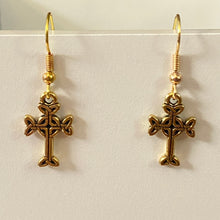 Load image into Gallery viewer, Celtic cross dainty silvertone or goldtone earrings with optional gemstone bead
