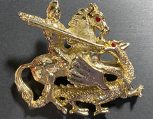 Load image into Gallery viewer, St. George and the Dragon medieval knight goldtone brooch