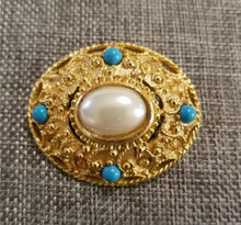 Load image into Gallery viewer, Vintage Victorian matte goldtone oval brooch w/ faux pearl cabochon & turquoise beads