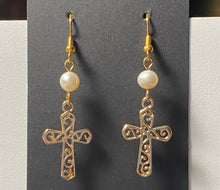 Load image into Gallery viewer, Freshwater pearl and goldtone filigree cross earrings Christian faith jewelry