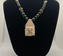 Load image into Gallery viewer, Enlightened: kambaba jasper and antique gold beaded Buddha necklace