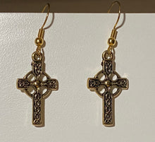 Load image into Gallery viewer, Celtic cross earrings in goldtone or silvertone w/ optional gemstone bead