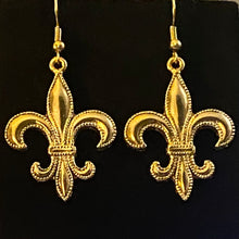 Load image into Gallery viewer, Fleur-de-lis large beaded edge earring in goldtone or silvertone w/ optional 8mm crystal or gemstone bead French symbol New Orleans Saints sports fan