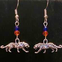 Load image into Gallery viewer, Auburn Tigers sports fan small silvertone tiger earring with orange and blue crystal beads